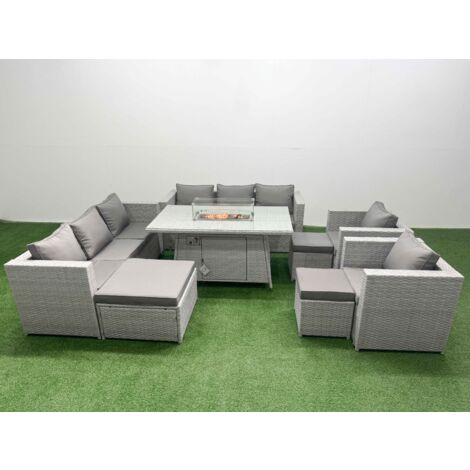 Fimous 11 Seat PE Rattan Lounge Sofa Set Outdoor Garden Furniture Set with Firepit Dining Table 3 Seater Sofa 3 Footstools Light Grey