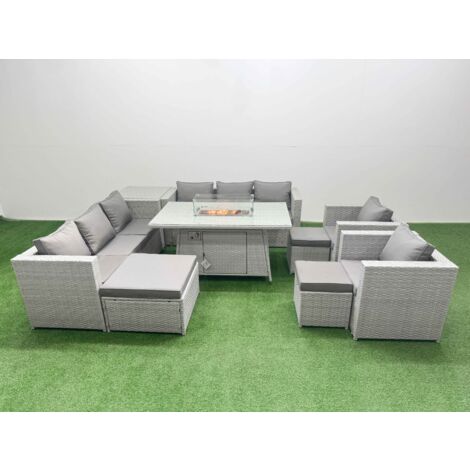 Fimous 11 Seat PE Rattan Lounge Sofa Set Outdoor Garden Furniture Set with Firepit Dining Table 3 Seater Sofa 3 Footstools Side Table Light Grey