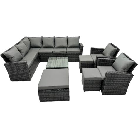 Fimous 11 Seat Poly Rattan Outdoor Patio Coffee Table Corner Sofa Set with 3 Stool 2 Chairs for Garden Backyard Dark Grey Mixed