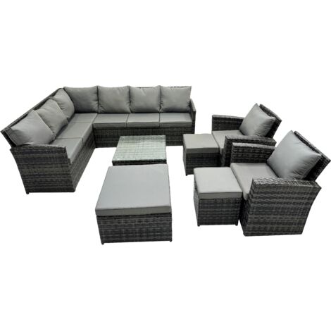 Fimous 11 Seat Poly Rattan Outdoor Patio Coffee Table Corner Sofa Set with 3 Stools 2 Chairs for Garden Backyard Dark Grey Mixed
