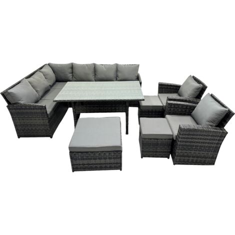 Fimous 11 Seat Poly Rattan Outdoor Patio Dining Table Corner Sofa Set with 3 Stool 2 Chairs for Garden Backyard Dark Grey Mixed