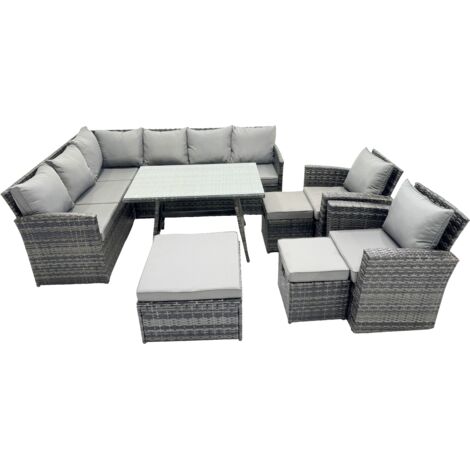 Fimous 11 Seat Poly Rattan Outdoor Patio Oblong Dining Table Corner Sofa Set with 3 Stool 2 Chairs for Garden Backyard Dark Grey Mixed