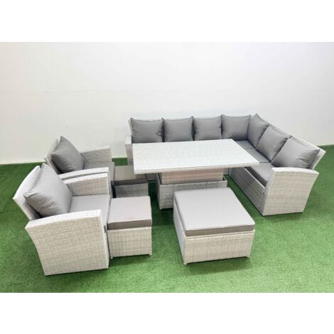 Fimous 11 Seat Rattan Garden Furniture Corner Sofa Set Outdoor Adjustable Lifting Dining or Coffee Table Set with 3 Footstools Light Grey