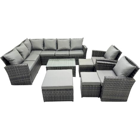 Fimous 11 Seat Rattan High Back Corner Sofa Set Patio Coffee Table Sets with 3 Stools Chair Dark Grey Mixed