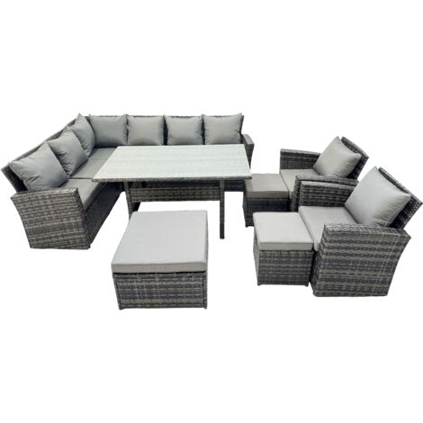 Fimous 11 Seat Rattan High Back Corner Sofa Set Patio Dining Table Set with 3 Stools 2 Chair Dark Grey Mixed