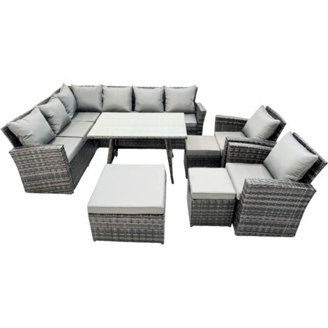 Fimous 11 Seat Rattan High Back Corner Sofa Set Patio Dining Table Set with 3 Stools Dark Grey Mixed