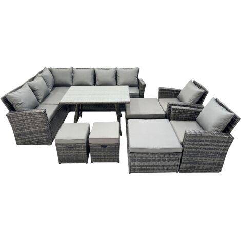 Fimous 11 Seat Rattan High Back Corner Sofa Set Patio Dining Table Set with 4 Stools 2 Chairs Dark Grey Mixed