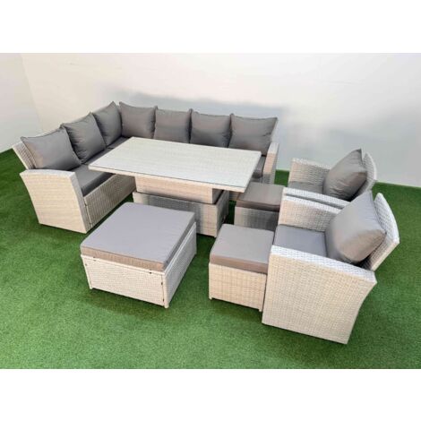 Fimous 11 Seat Rattan Outdoor Garden Furniture Corner Sofa Set Adjustable Lifting Dining or Coffee Table Set with 3 Footstools Light Grey
