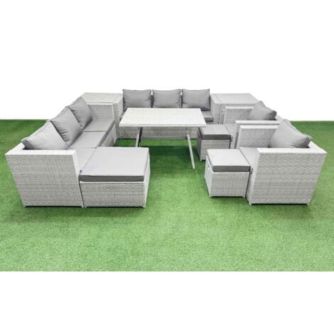Fimous 11 Seater Garden Furniture Set PE Ratten Garden Sofa Set with Rectangular Dining Table 3 Stool 2 Side Tables Light Grey