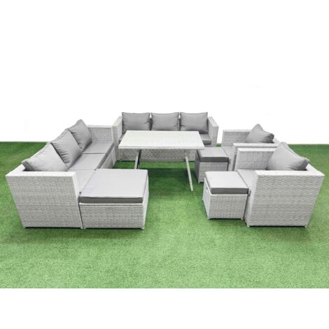 Fimous 11 Seater Garden Furniture Set PE Ratten Garden Sofa Set with Rectangular Dining Table 3 Stool Light Grey