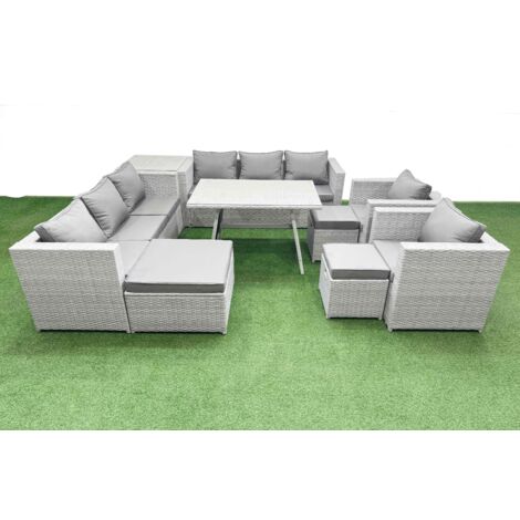 Fimous 11 Seater Garden Furniture Set PE Ratten Garden Sofa Set with Rectangular Dining Table 3 Stool Side Table Light Grey