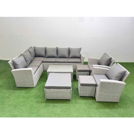 Fimous 11 Seater Garden Outdoor PE Rattan Furniture Set Rattan Garden Sofa Set with 3 Footstools Light Grey Mixed