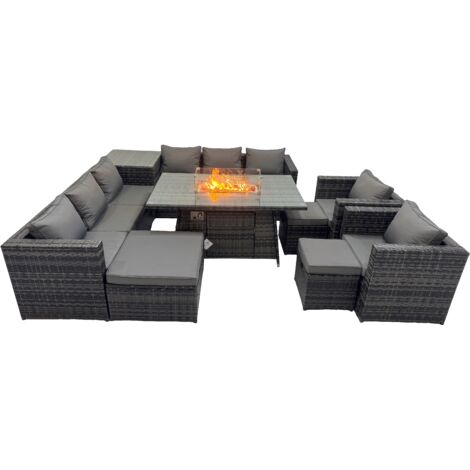 Fimous 11 Seater Garden Outdoor Rattan Furniture Set Patio Corner Sofa Gas Firepit Dining Table with Side Table 3 Stools Dark Grey