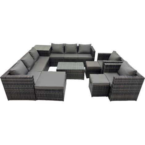Fimous 11 Seater Garden Outdoor Rattan Furniture Set Patio Corner Sofa Rectangular Coffee Table with 3 Stools Dark Grey
