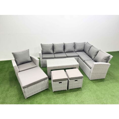 Fimous 11 Seater Garden Outdoor Rattan Furniture Set Rattan Corner Sofa Oblong Coffee Table with 3 Footstools Light Grey Mixed