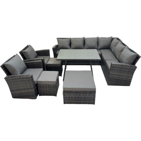 Fimous 11 Seater Garden Outdoor Rattan Furniture Set Rattan Corner Sofa Oblong Dining Table with 2 Armchairs 3 Footstools Dark Grey