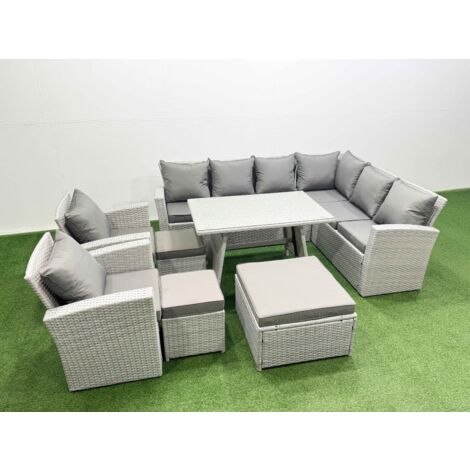 Fimous 11 Seater Garden Outdoor Rattan Furniture Set Rattan Corner Sofa Oblong Dining Table with 2 Armchairs 3 Footstools Light Grey Mixed