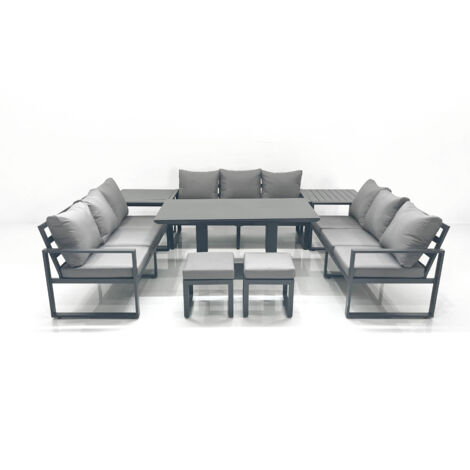 Fimous 11 Seater Garden Sofa Set Aluminium Furniture Rising Dining Tabe Set with 2 Side Tables 2 Small Footstools Dark Grey