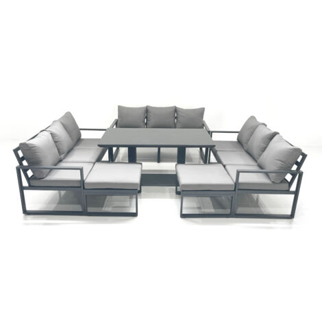 Fimous 11 Seater Garden Sofa Set Aluminium Furniture Rising Dining Tabe Set wth 2 Big Footstools Dark Grey