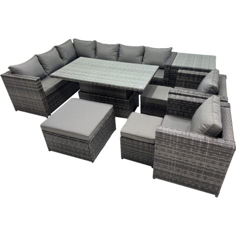 Fimous 11-seater Height Adjustable Rising Lifting Table Corner Sofa Set Rattan Garden Furniture Dining Set with 3 Stool Side Table Dark Grey Mixed