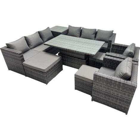 Fimous 11 Seater Outdoor Corner Sofa Height Adjustable Rising Lifting Table Set Garden Rattan Furniture Set with Side Table 3 Stool Dark Grey
