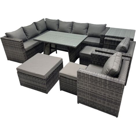 Fimous 11-seater Outdoor PE Rattan Sofa Set with Dining Table Patio Garden Furniture Sets with 2 Chair 3 Stools Side Table Dark Grey Mixed