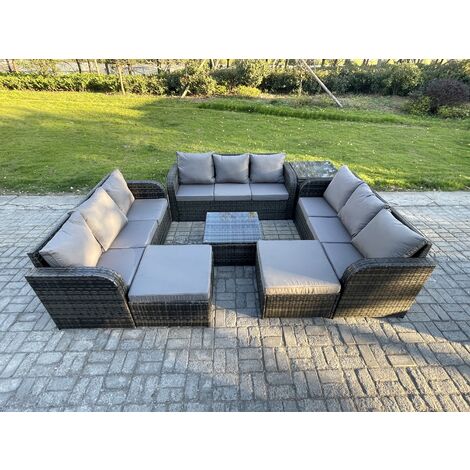 Fimous 11 Seater Rattan Outdoor Furniture Set Patio Garden Sofa Set with Square Coffee Table 3 Seater Sofa 2 Big Footstool Side Table Dark Grey Mixed