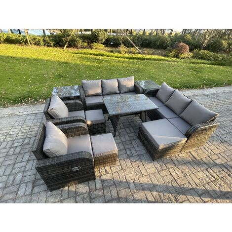 Fimous 11 Seater Rattan Outdoor Garden Furniture Sofa Set Patio Table & Chairs Set with 3 Seater Sofa Rectangular Dining Table 3 Footstool 2 Side Tables Dark Grey Mixed