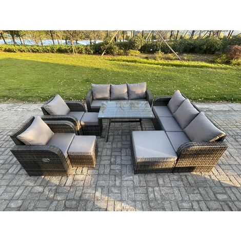 Fimous 11 Seater Rattan Outdoor Garden Furniture Sofa Set Patio Table & Chairs Set with 3 Seater Sofa Rectangular Dining Table 3 Footstool Dark Grey Mixed