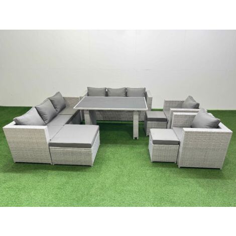 Fimous 11 Seater Wicker PE Rattan Furniture Outdoor Dining Table 3 Seater Sofa Armchair Set with 3 Stools Light Grey