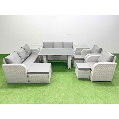 Fimous 11 Seater Wicker PE Rattan Furniture Outdoor Dining Table 3 Seater Sofa Reclining Chair Set with 2 Side Tables 3 Stools Light Grey