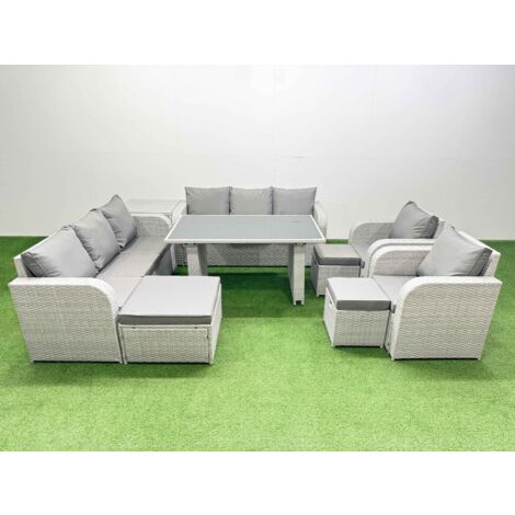 Fimous 11 Seater Wicker PE Rattan Furniture Outdoor Dining Table 3 Seater Sofa Reclining Chair Set with Side Table 3 Stools Light Grey