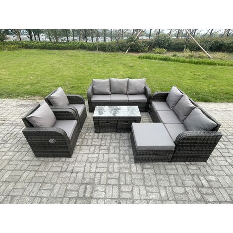 Fimous 11 Seater Wicker PE Rattan Sofa Set Outdoor Patio Garden Furniture with 2 Reclining Chairs Coffee Table 3 Footstools Dark Grey Mixed