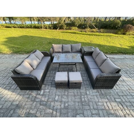 Fimous 11 Seater Wicker Rattan Garden Furniture Set with Rectangular Dining Table Side Table 2 Small Footstools Patio Outdoor Lounge Sofa Set