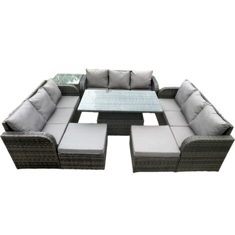 Fimous 11-Sitzer Garten Dining Sets Rattan Möbel Lounge Sofa Höhenverstellbarer steigender Hubtisch mit Beistelltisch 2 Großer Fußhocker Dunkelgrau gemischt