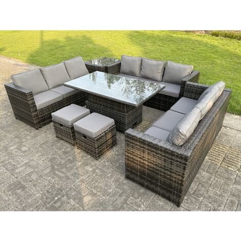 Fimous 11 Sitzer Outdoor Rattan Sofa Set Lounge Einstellbare Steigende Beistelltische Stühle Fußhocker Dunkelgrau Gemischt