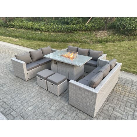 Fimous 11-Sitzer Polyrattan Gartenmöbel Set im Freien Gas Feuertisch Sofa Sets mit 2 Kleiner Hocker Helles Grau