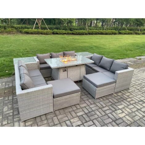 Fimous 11-Sitzer Polyrattan Gartenmöbel Set mit 2 Sofa, Gas Feuertisch und Sessel ,2 Großer Hocker, 2 Beistelltisch Outdoor Terrassen Essgruppe Helles Grau