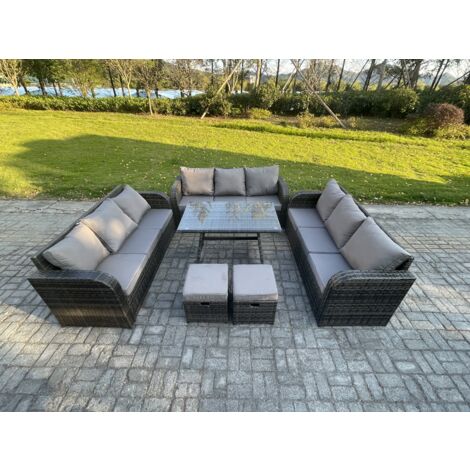 Fimous 11-Sitzer Polyrattan Gartenmöbel Set mit Rechteckiger Esstisch 2 kleine Fußhockern Polyrattan Garten Sofa im Freien Set
