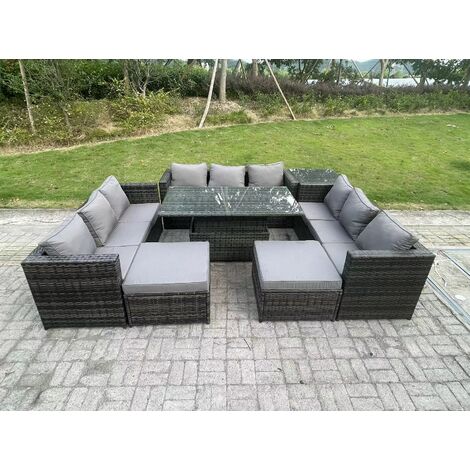Fimous 11-Sitzer Rattan Gartenmöbel Sofa Set Patio Einstellbarer aufsteigender Esstisch Set mit Beistelltisch 2 Große Fußhocker Dunkelgrau gemischt
