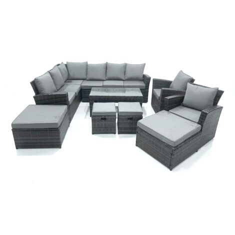 Fimous 12 Seat Ensemble de meubles de jardin en rotin avec 2 Petits repose-pieds 2 Grands Tabourets Gris foncé mélangé
