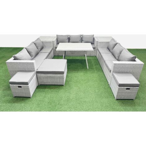 Fimous 12 Seat Outdoor Patio PE Rattan Garden Furniture with Cushions 3 Seater Sofa 2 Side Tables 3 Stool Light Grey