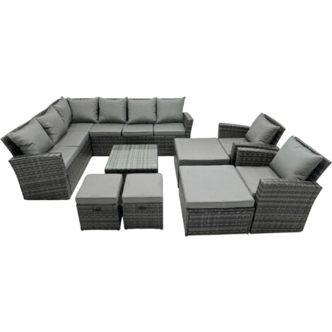 Fimous 12 Seat Poly Rattan Outdoor Patio Coffee Table Corner Sofa Set with 4 Stool 2 Chairs for Garden Backyard Dark Grey Mixed