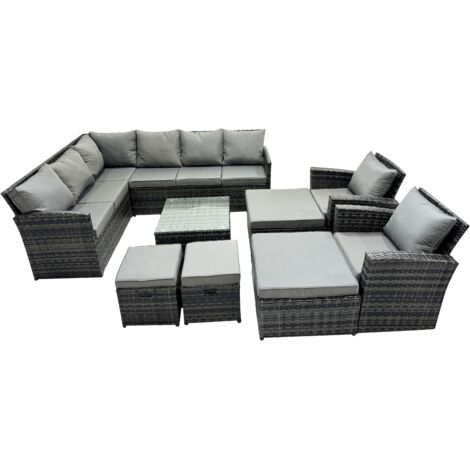 Fimous 12 Seat Poly Rattan Outdoor Patio Coffee Table Corner Sofa Set with 4 Stools 2 Chairs for Garden Backyard Dark Grey Mixed