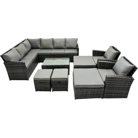 Fimous 12 Seat Poly Rattan Outdoor Patio Coffee Table Corner Sofa Sets with 4 Stools 2 Chairs for Garden Backyard Dark Grey Mixed