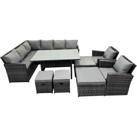 Fimous 12 Seat Poly Rattan Outdoor Patio Dining Table Corner Sofa Set with 4 Stool 2 Chairs for Garden Backyard Dark Grey Mixed