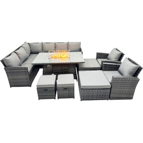 Fimous 12 Seat Poly Rattan Outdoor Patio Gas Firpit Dining Table Corner Sofa Set with 4 Stool 2 Chairs for Garden Backyard Dark Grey Mixed