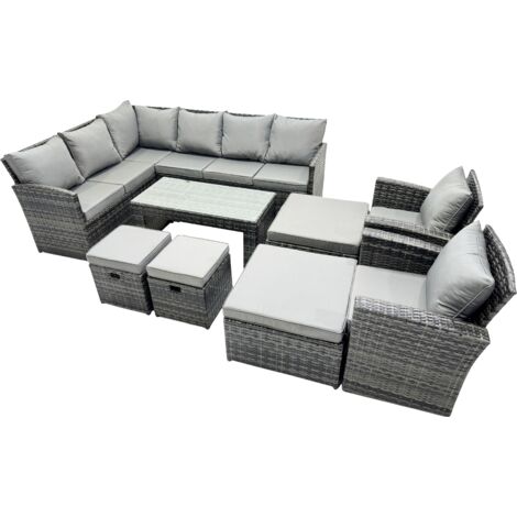Fimous 12 Seat Poly Rattan Outdoor Patio Oblong Coffee Table Corner Sofa Set with 4 Stools Chair for Garden Backyard Dark Grey Mixed