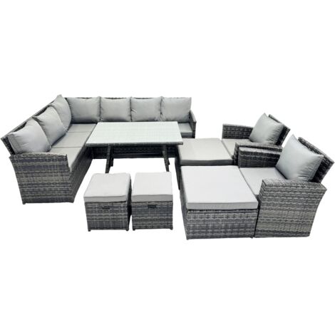 Fimous 12 Seat Poly Rattan Outdoor Patio Oblong Dining Table Corner Sofa Set with 4 Stool 2 Chairs for Garden Backyard Dark Grey Mixed