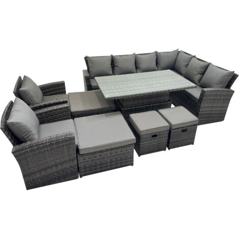 Fimous 12 Seat Rattan Garden Furniture Corner Sofa Set Outdoor Adjustable Lifting Dining or Coffee Table Set with 4 Footstools Dark Grey Mixed
